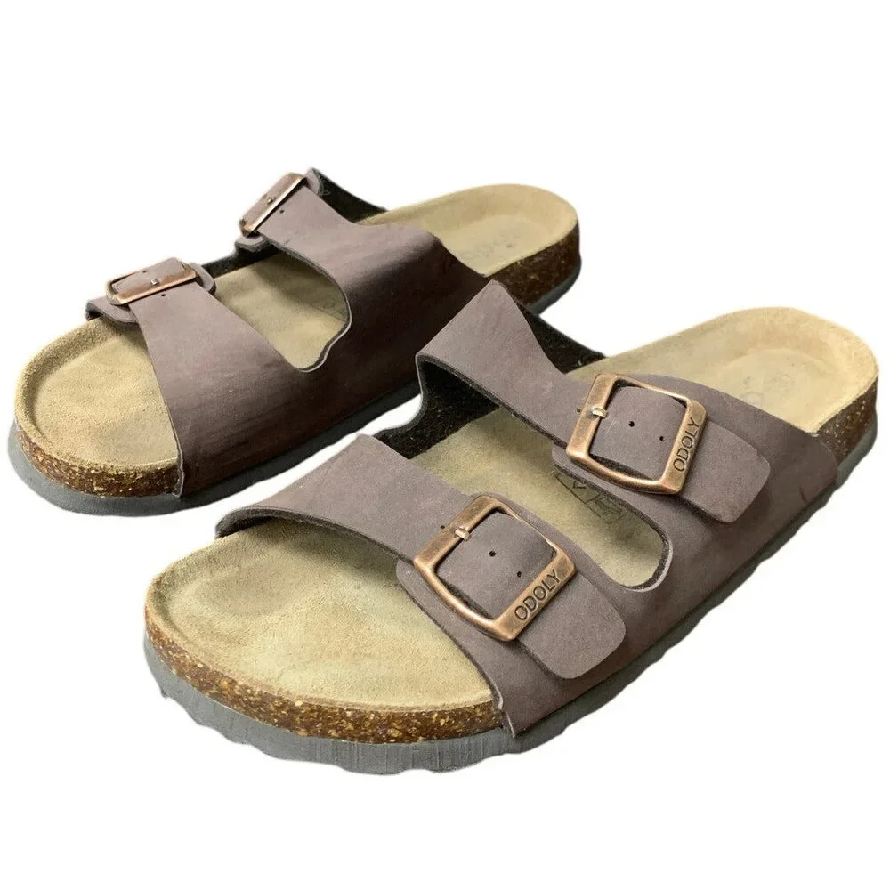 Odoly Mens Size 6.5 Womens 8.5 Brown Faux Leather Slide On Cork Sandal Shoes